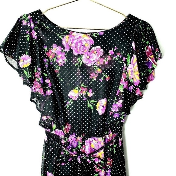 Vintage- Deadstock Black&purple floral midi dress with tie waist feature - Picture 2 of 5